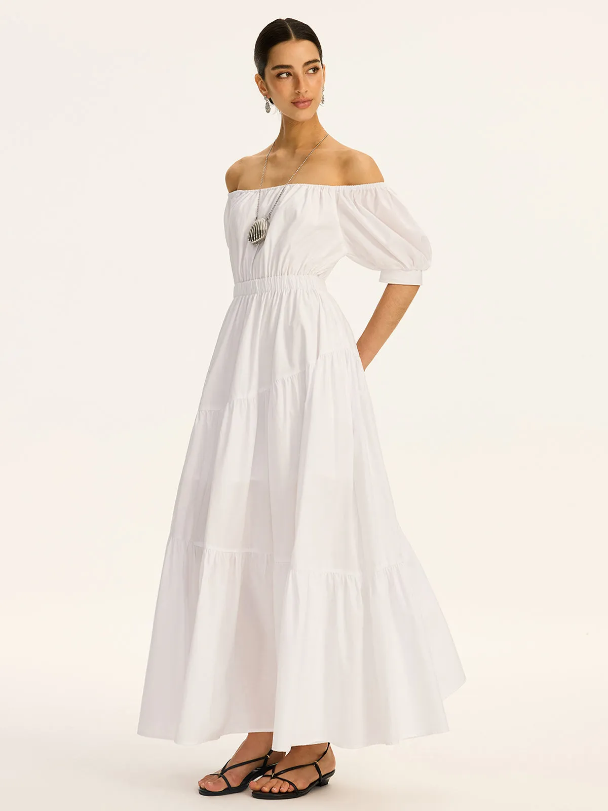Cotton Off-Shoulder Short-Sleeve Maxi Dress sold by COMMENSE product image thumbnail 3