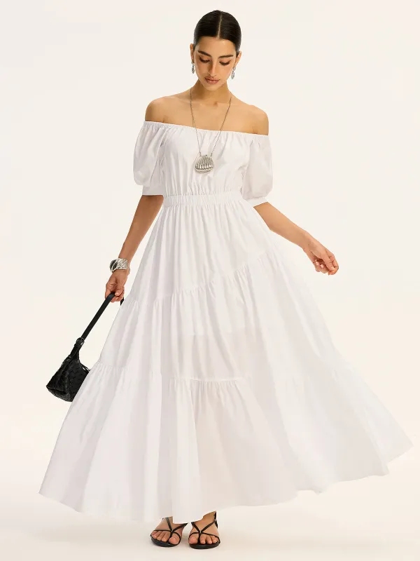 Cotton Off-Shoulder Short-Sleeve Maxi Dress sold by COMMENSE