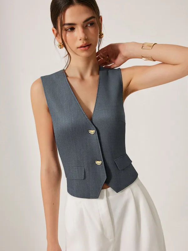 Metal Button V-Neck Vest sold by COMMENSE