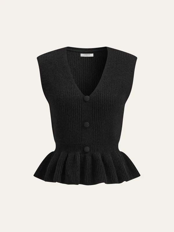 Button V-Neck Knit Peplum Vest sold by COMMENSE