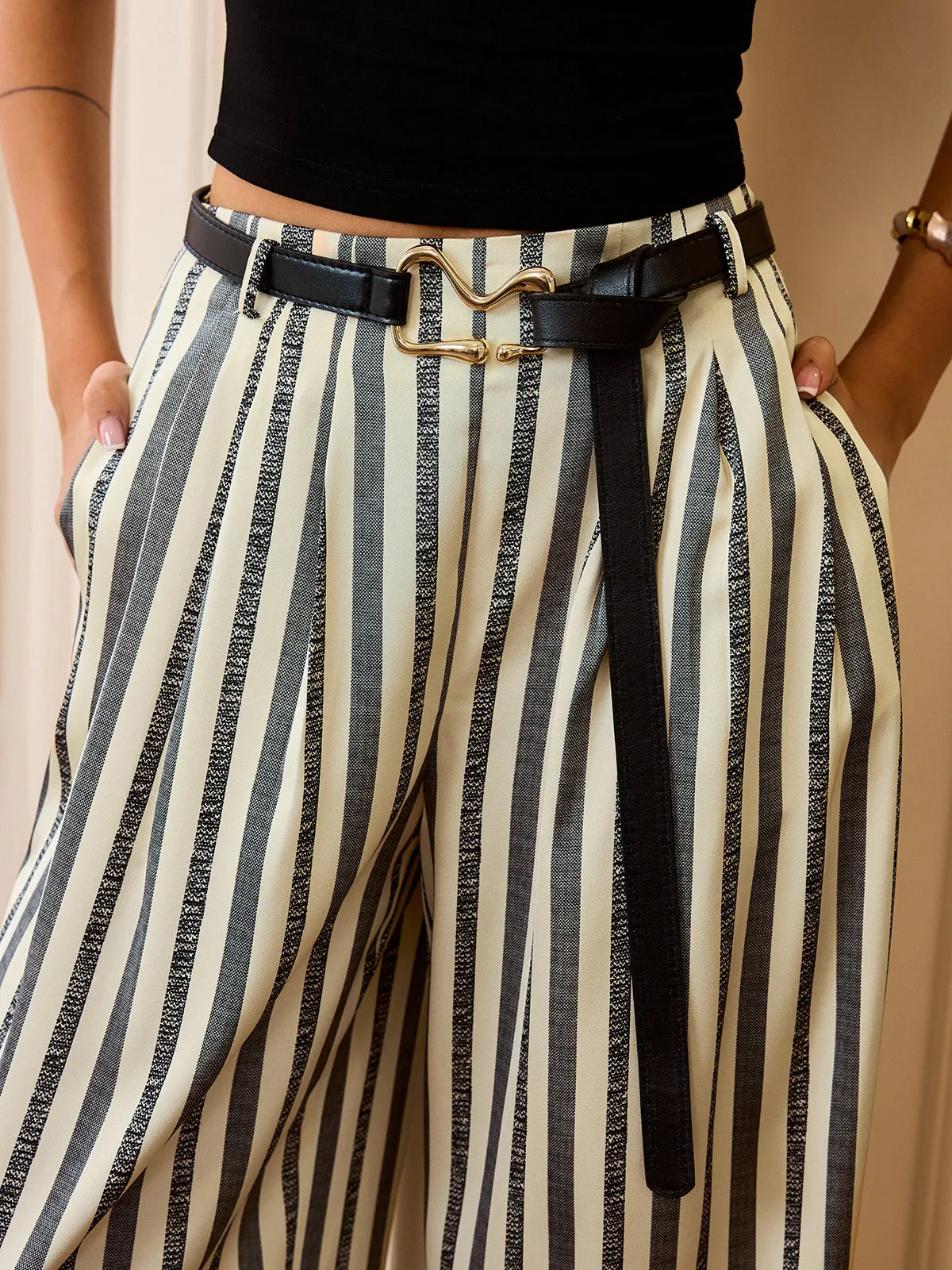 Mid-Waisted Striped Belted Pants sold by COMMENSE product image thumbnail 2