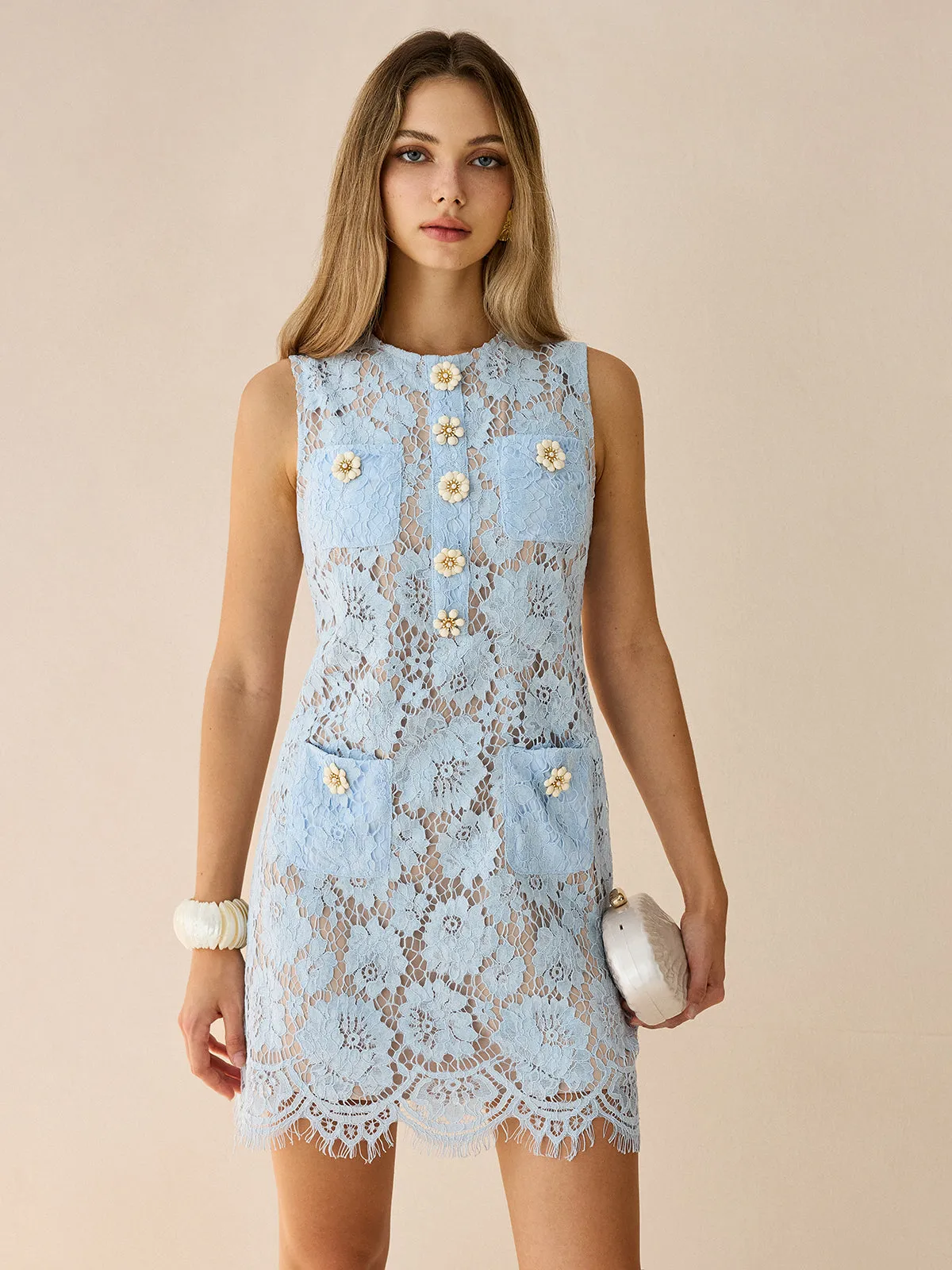 Flower-Shaped Button Lace Mini Dress sold by COMMENSE product image thumbnail 3