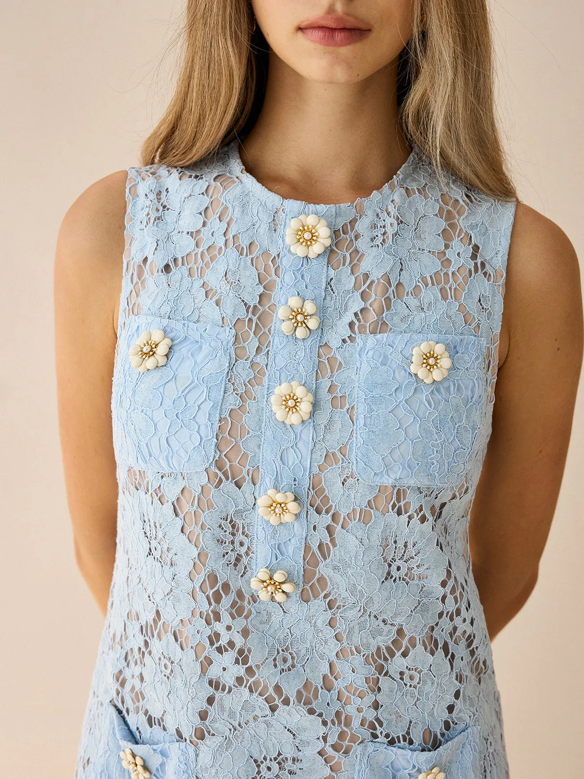 Flower-Shaped Button Lace Mini Dress sold by COMMENSE product image thumbnail 4