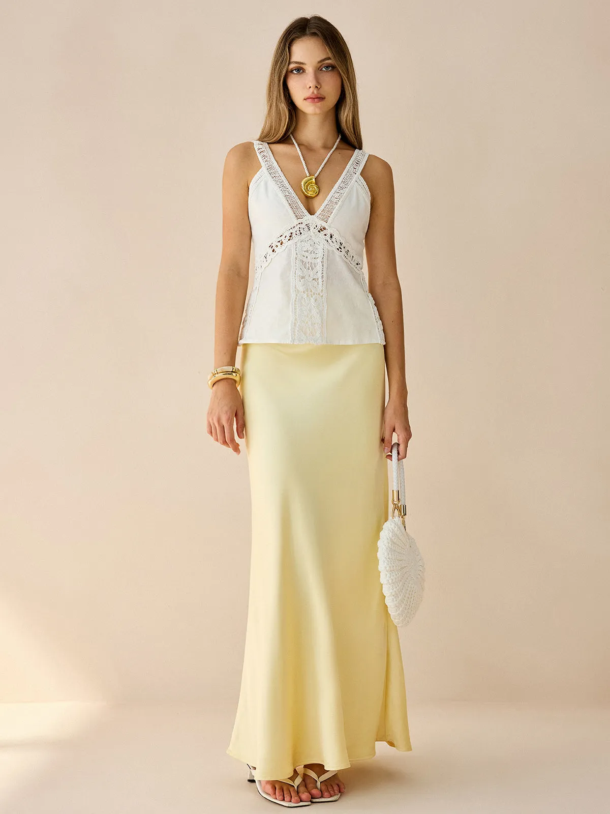 Semi-Sheer Linen & Cotton Lace V-Neck Top sold by COMMENSE product image thumbnail 2