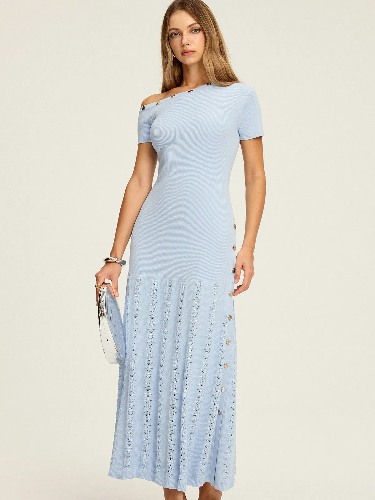 One-Shoulder Button Detail Knit Maxi Dress sold by COMMENSE product image thumbnail 4