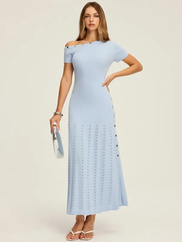One-Shoulder Button Detail Knit Maxi Dress sold by COMMENSE