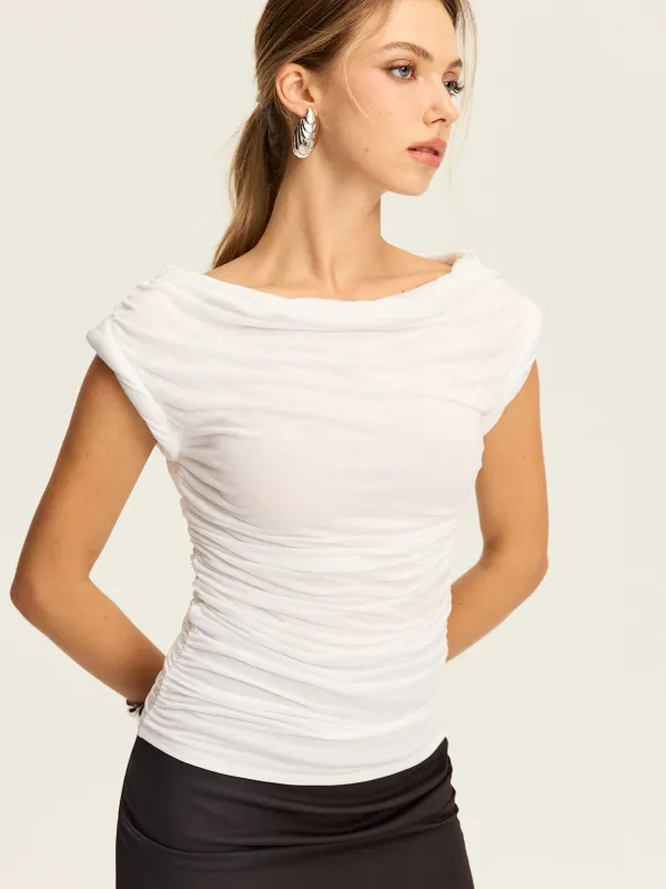Draped Neck Ruched Top sold by COMMENSE