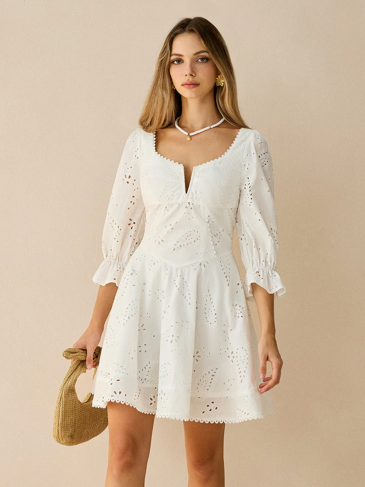 Cotton Scalloped Edge Eyelet Mini Dress sold by COMMENSE product image thumbnail 4