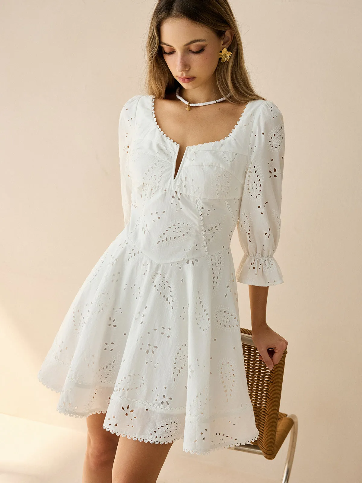Cotton Scalloped Edge Eyelet Mini Dress sold by COMMENSE product image thumbnail 2
