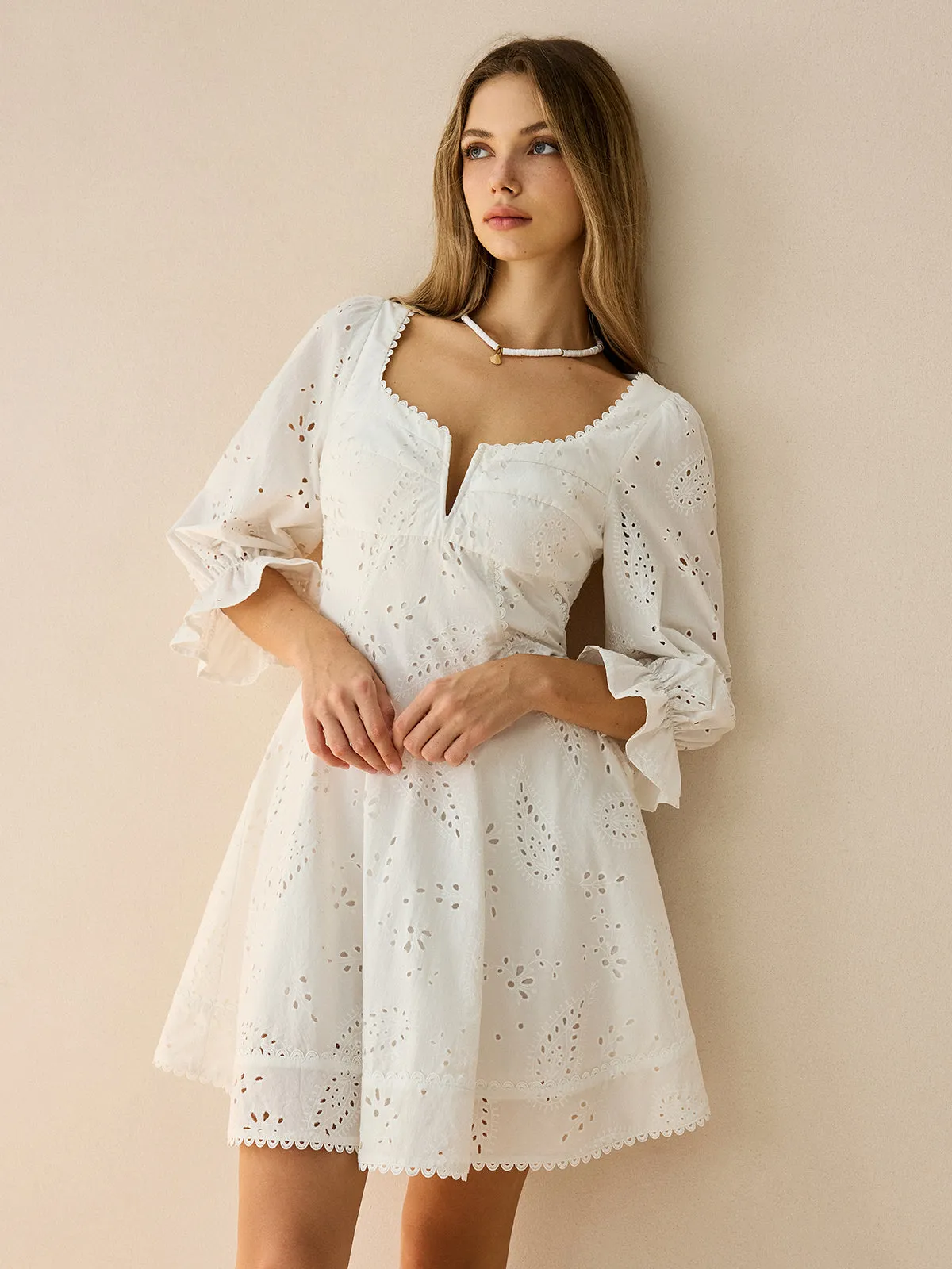 Cotton Scalloped Edge Eyelet Mini Dress sold by COMMENSE