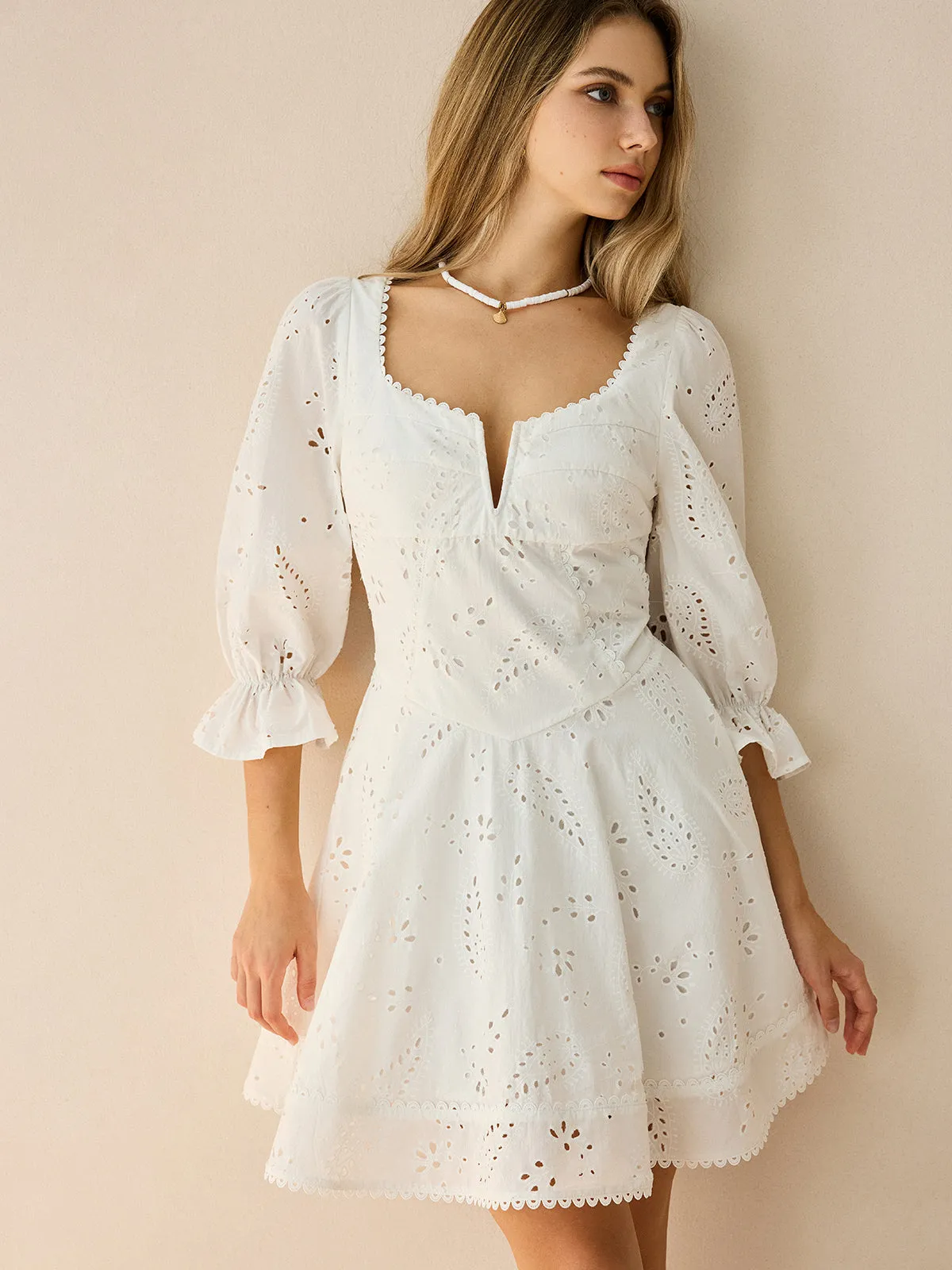Cotton Scalloped Edge Eyelet Mini Dress sold by COMMENSE product image thumbnail 3