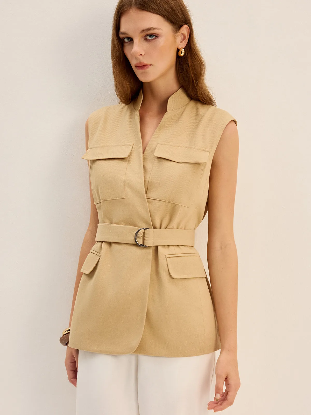 Belted Sleeveless Cargo Vest sold by COMMENSE