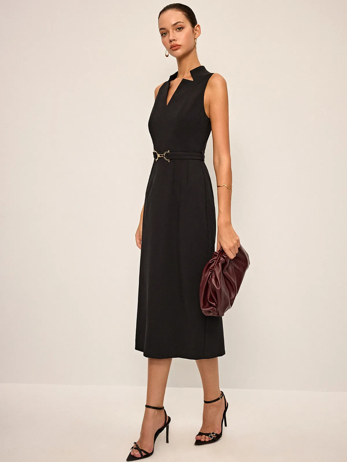 Sleeveless V-Neck Belted Midi Dress sold by COMMENSE product image thumbnail 4