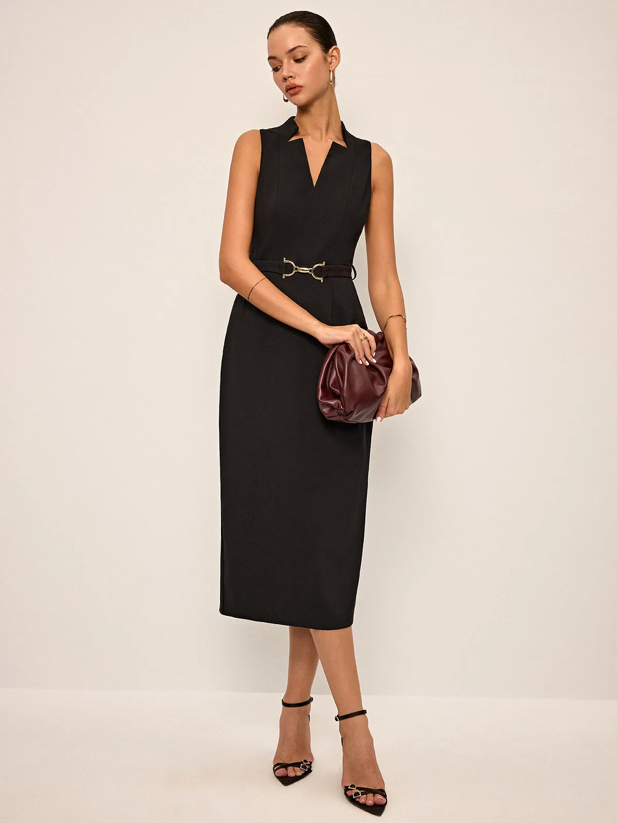 Sleeveless V-Neck Belted Midi Dress sold by COMMENSE product image thumbnail 3