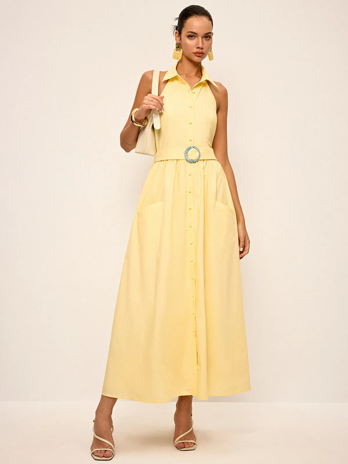 Halter Neck Backless Shirt Dress with Belt sold by COMMENSE