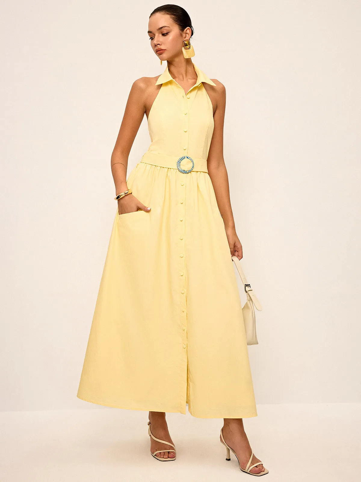 Halter Neck Backless Shirt Dress with Belt sold by COMMENSE product image thumbnail 5