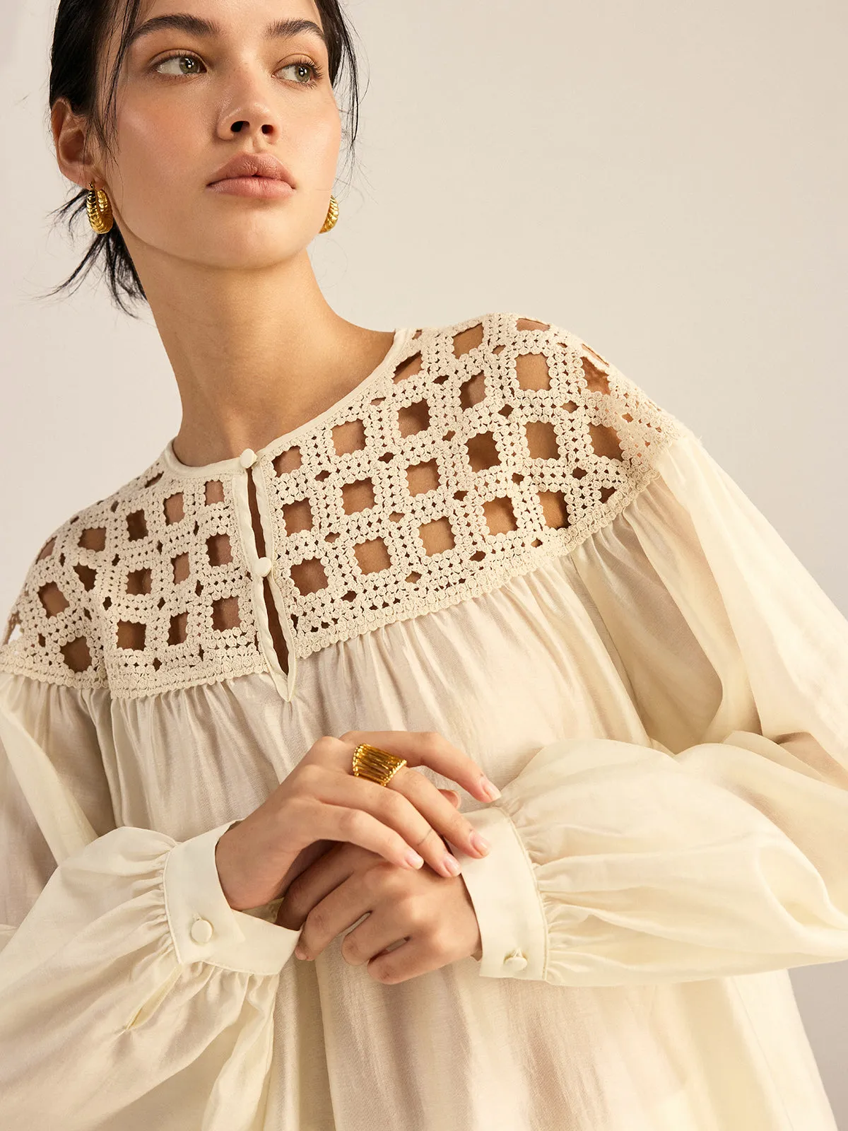 Semi-Sheer Crochet Tencel Blouse sold by COMMENSE product image thumbnail 5