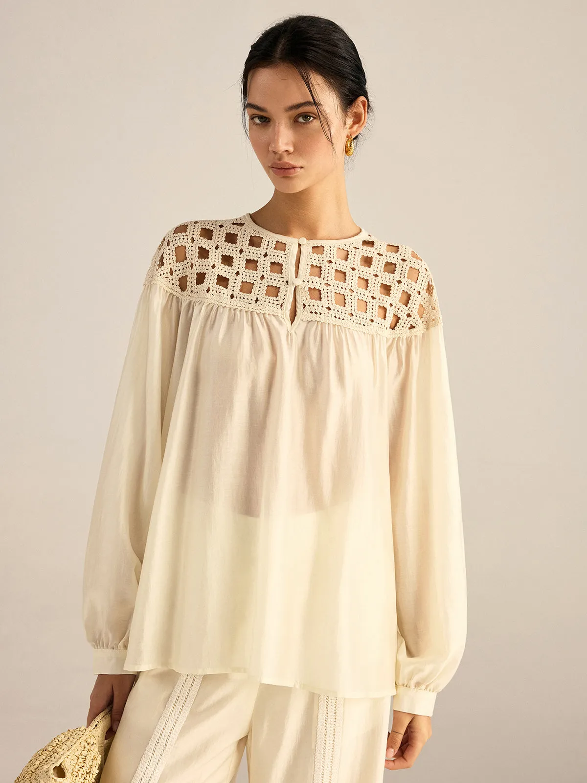 Semi-Sheer Crochet Tencel Blouse sold by COMMENSE