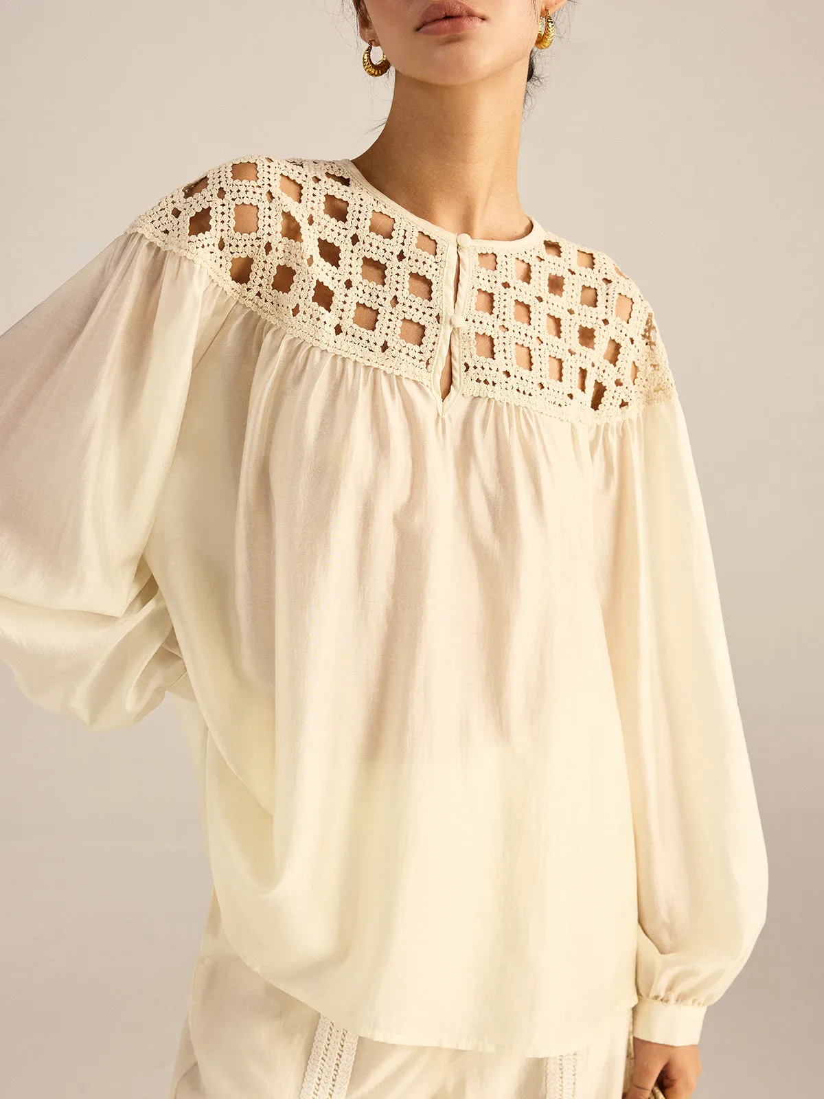 Semi-Sheer Crochet Tencel Blouse sold by COMMENSE product image thumbnail 3