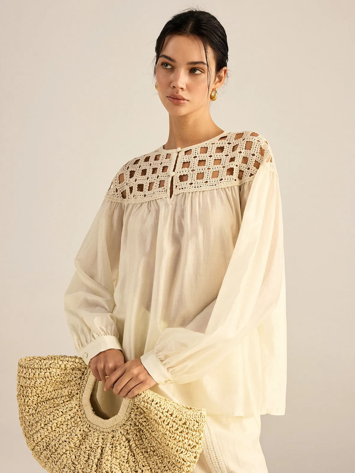 Semi-Sheer Crochet Tencel Blouse sold by COMMENSE product image thumbnail 4