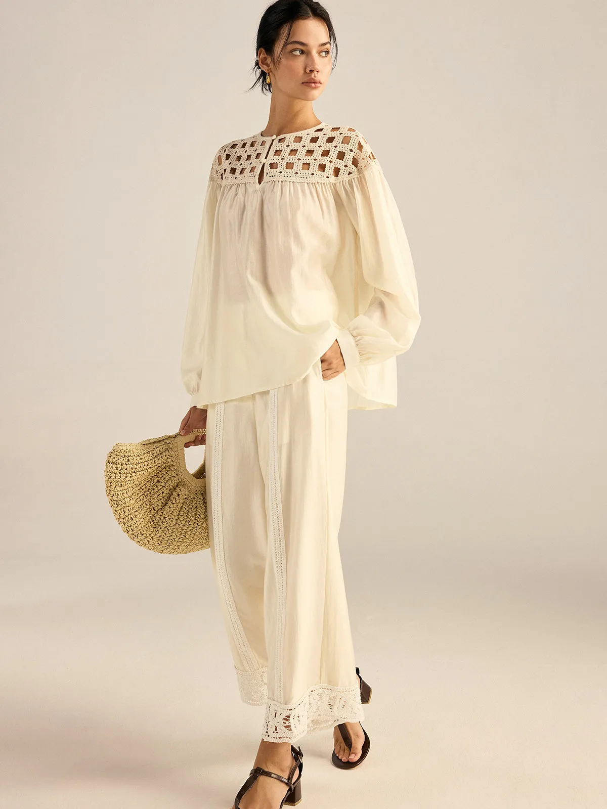 Crochet Tencel Wide-Leg Pants sold by COMMENSE