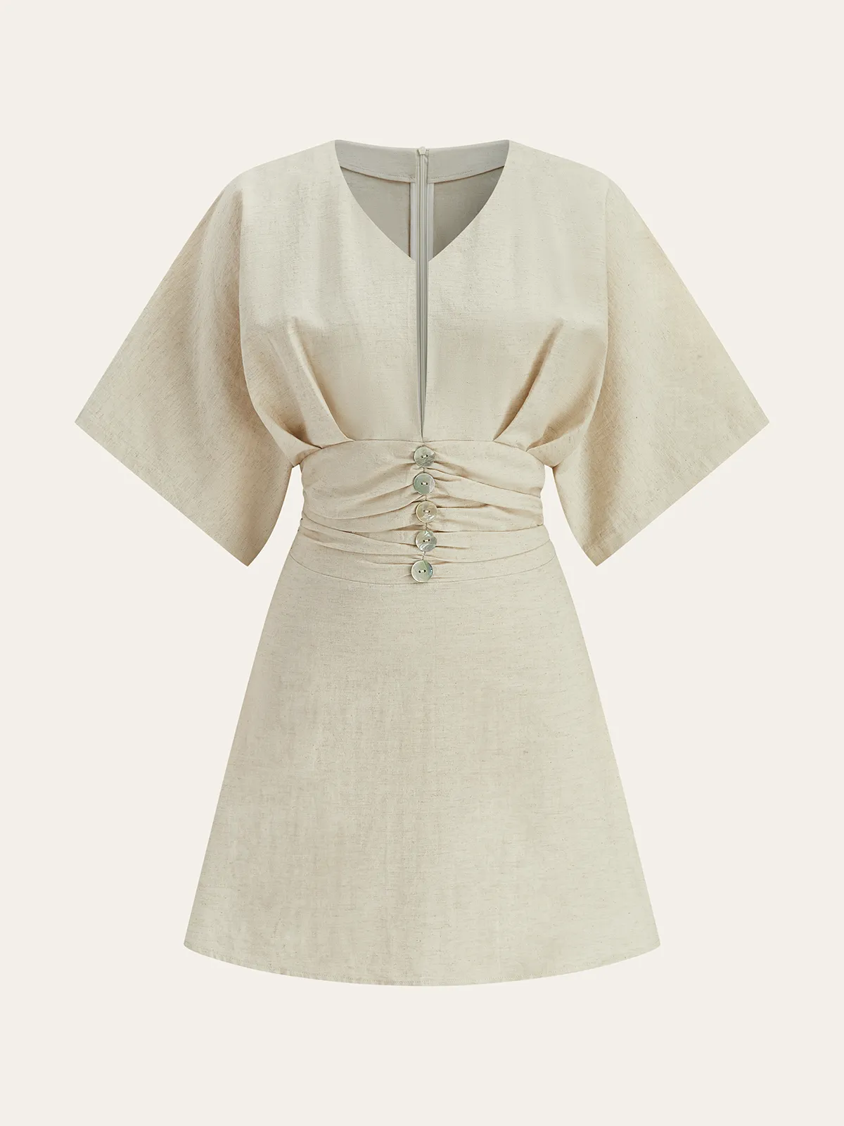 Cotton & Linen Ruched Button Detail Mini Dress sold by COMMENSE