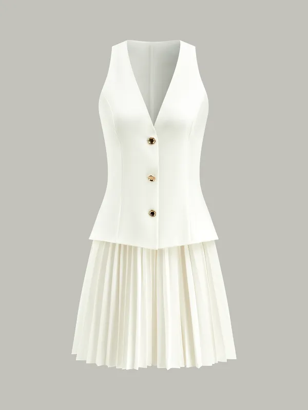Sleeveless Buttoned Vest-Style Pleated Dress sold by COMMENSE