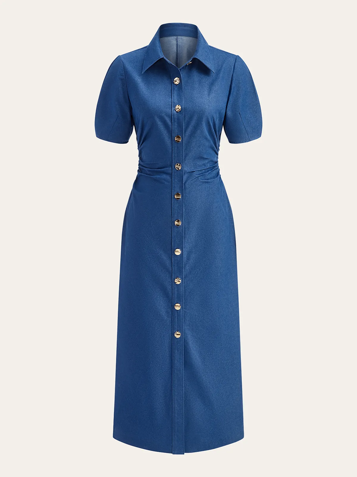 Ruched Polo-Collar Button-Front Midi Dress sold by COMMENSE