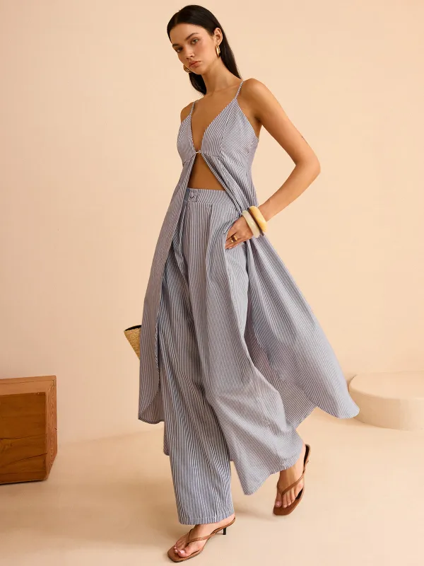 Striped Long Cami Top and Wide-Leg Pants Set sold by COMMENSE