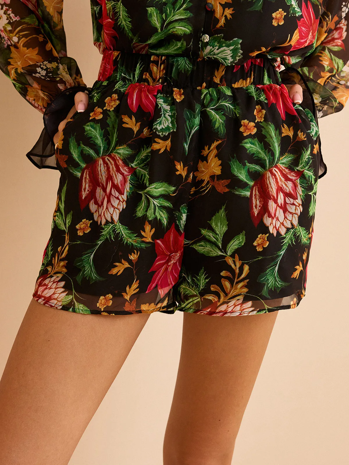 Chiffon Floral Print Elastic Waist Shorts sold by COMMENSE product image thumbnail 4