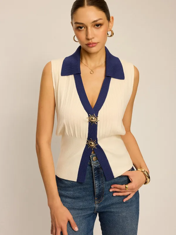 Two-Tone Collared Knit Vest sold by COMMENSE