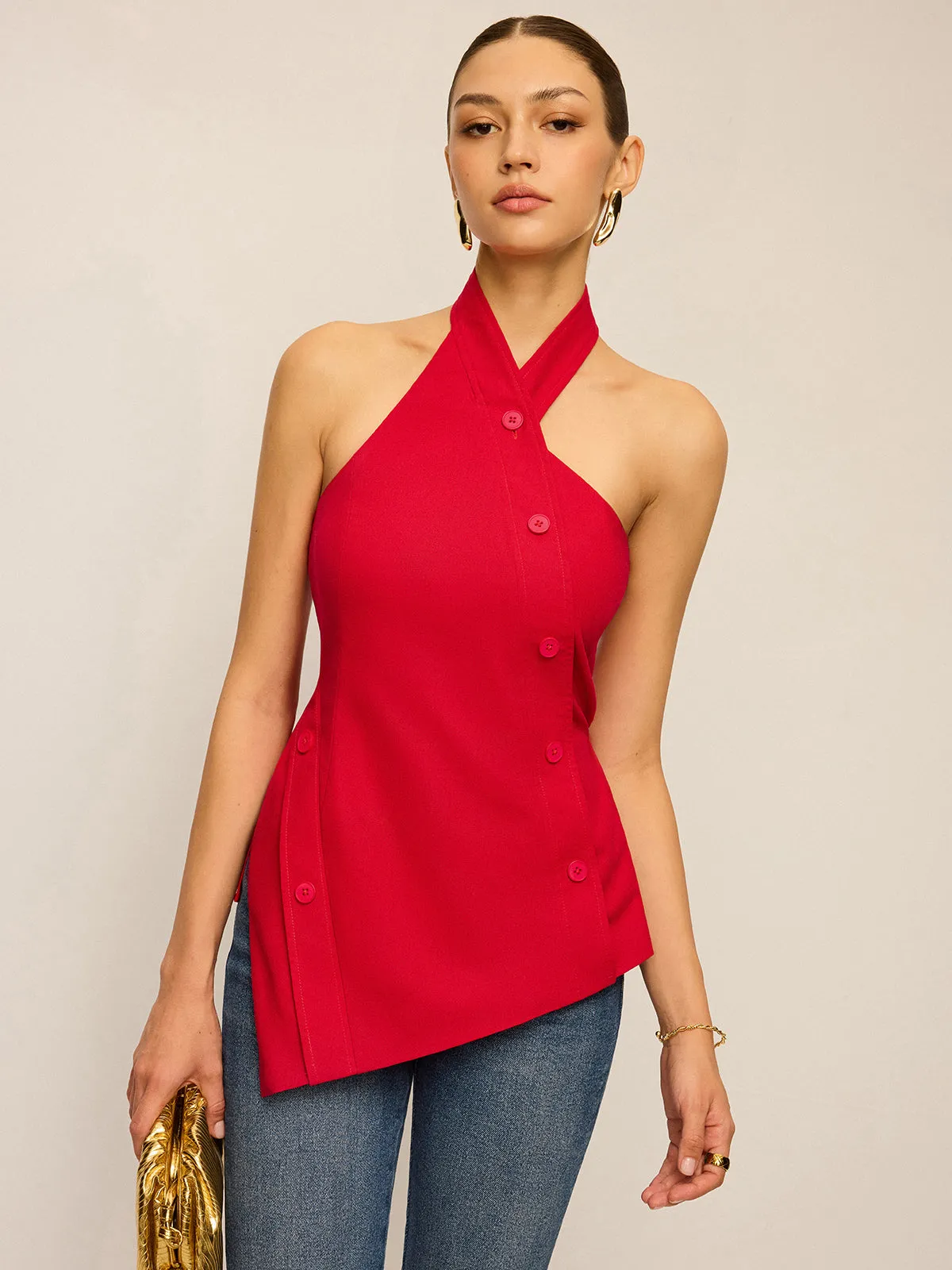 Asymmetric Halter Neck Button Top sold by COMMENSE product image thumbnail 4