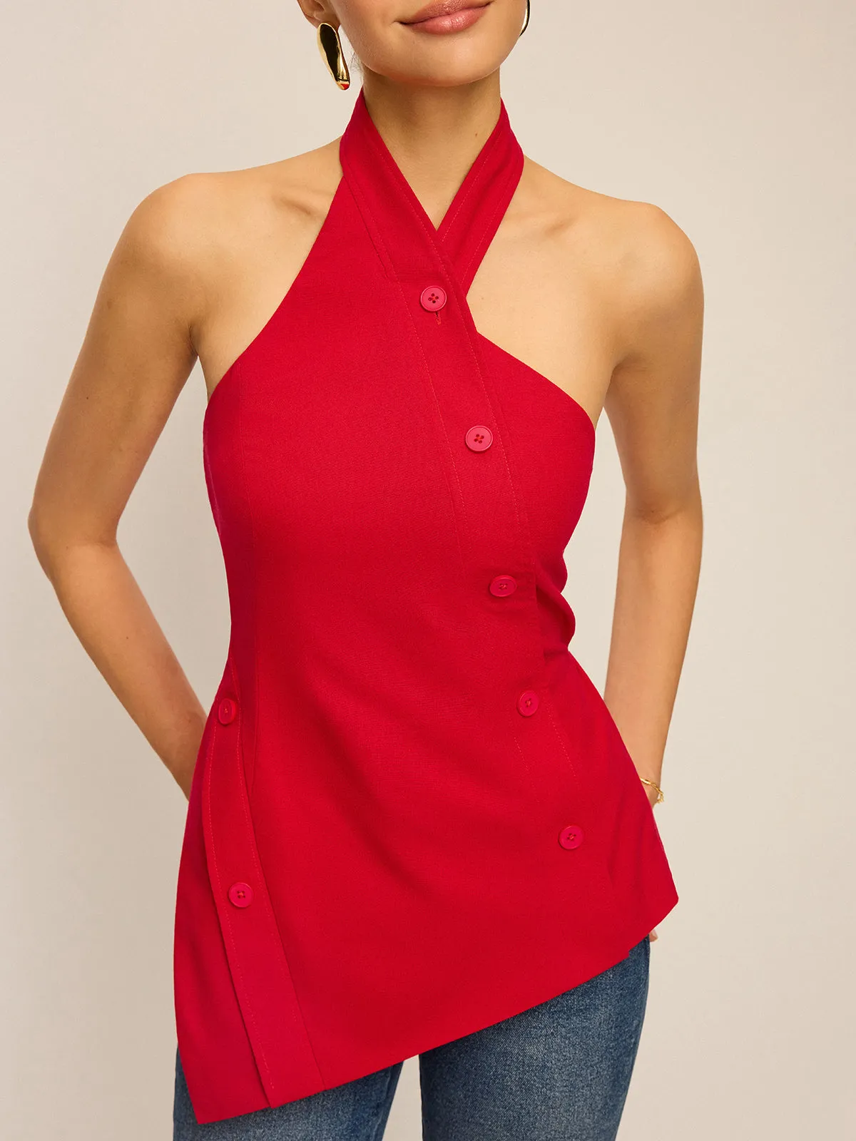 Asymmetric Halter Neck Button Top sold by COMMENSE product image thumbnail 2