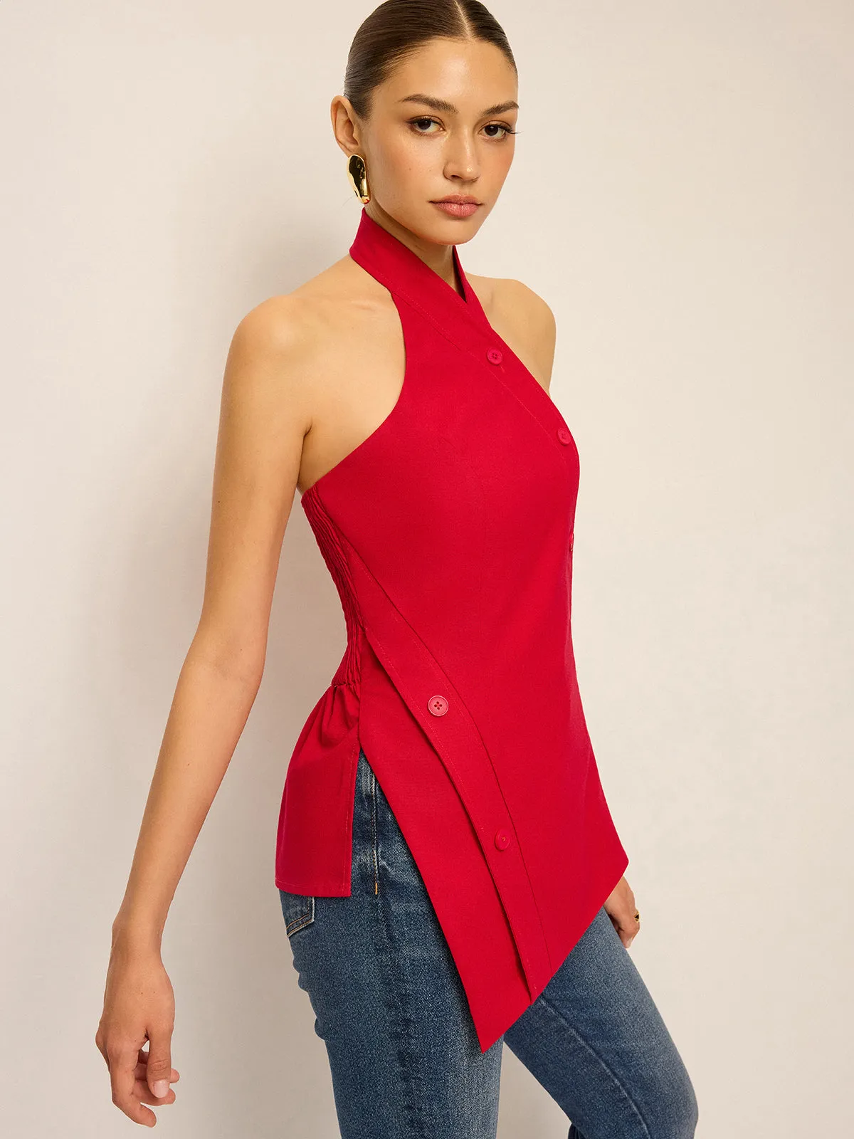 Asymmetric Halter Neck Button Top sold by COMMENSE product image thumbnail 5