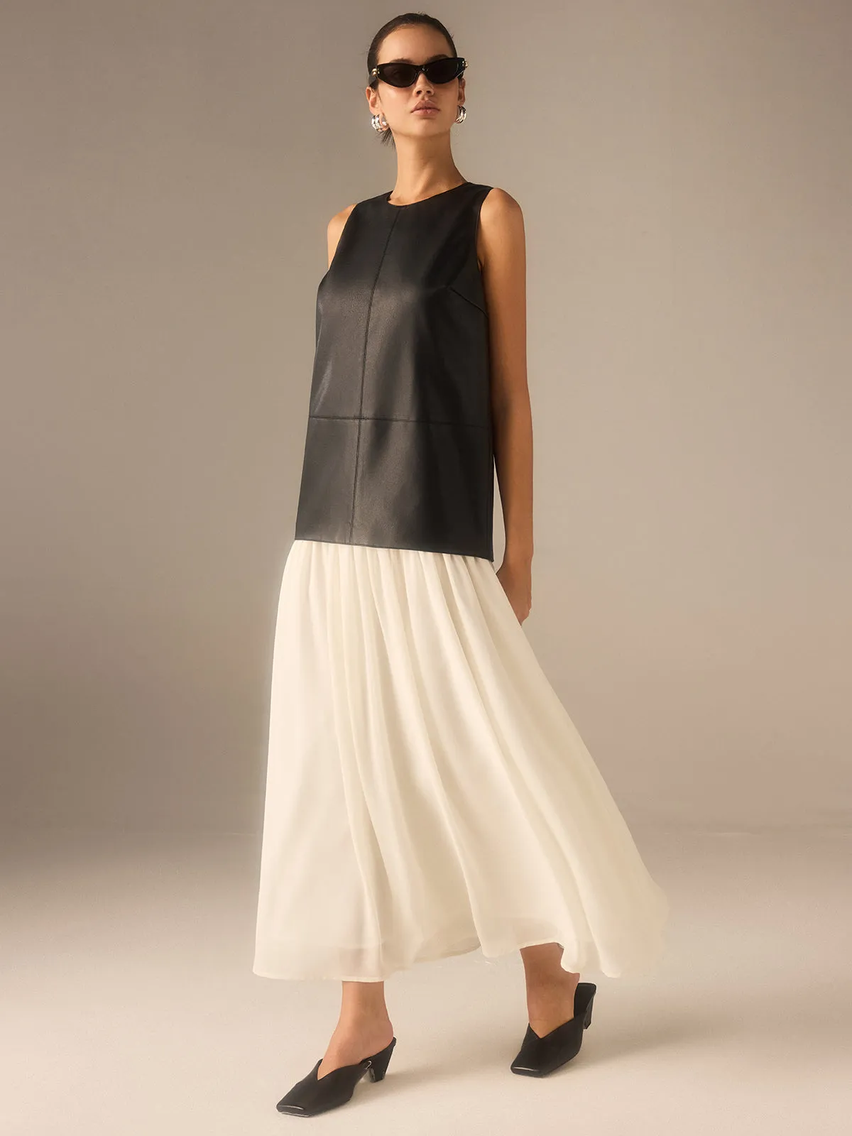 Two-Tone Faux Leather Chiffon Pleated Dress sold by COMMENSE product image thumbnail 5