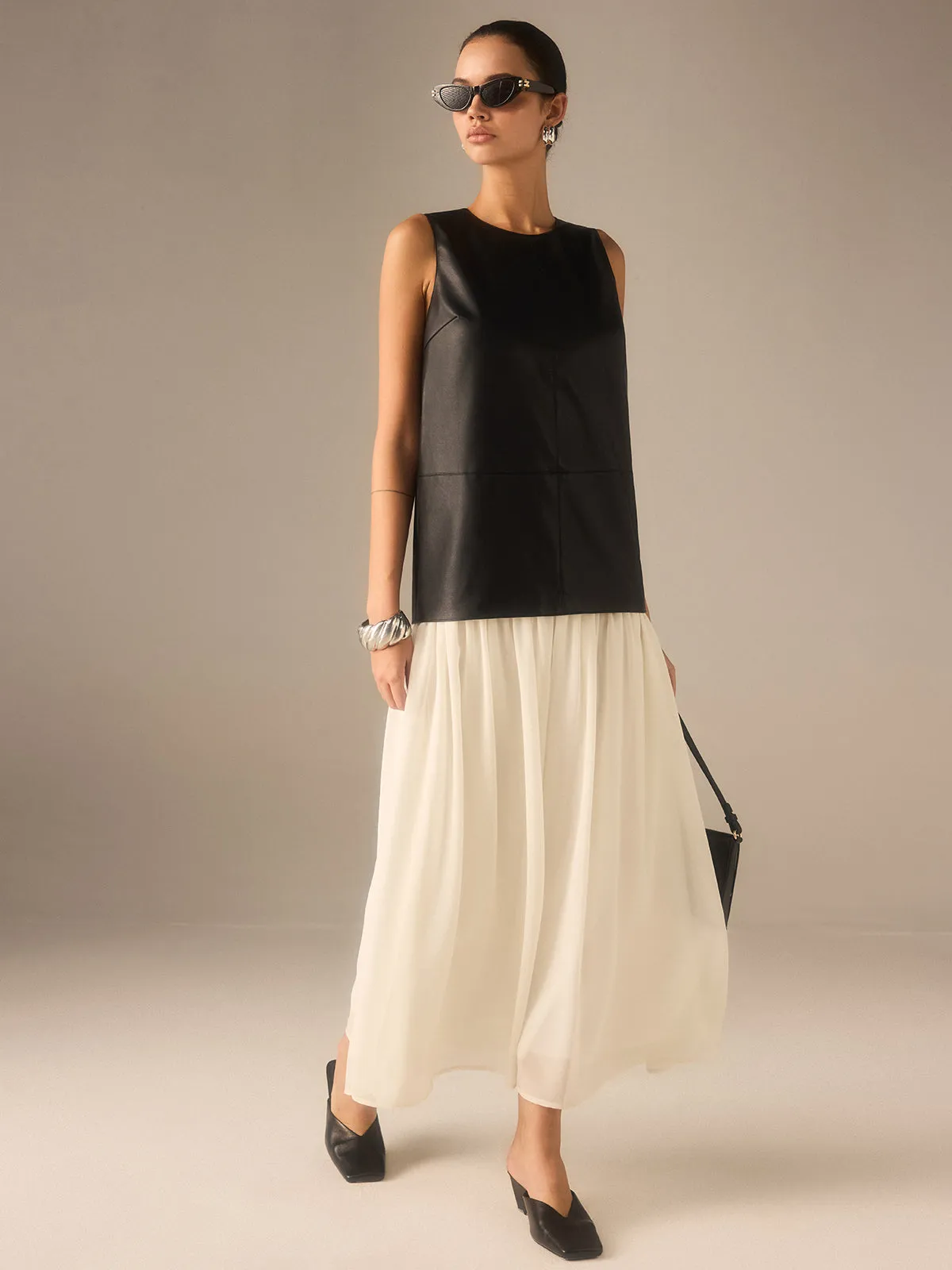 Two-Tone Faux Leather Chiffon Pleated Dress sold by COMMENSE product image thumbnail 2