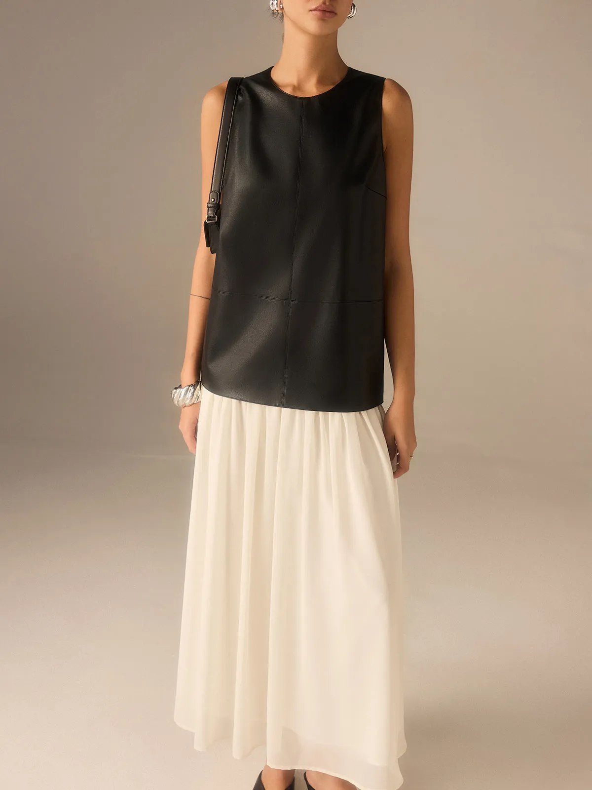 Two-Tone Faux Leather Chiffon Pleated Dress sold by COMMENSE product image thumbnail 3