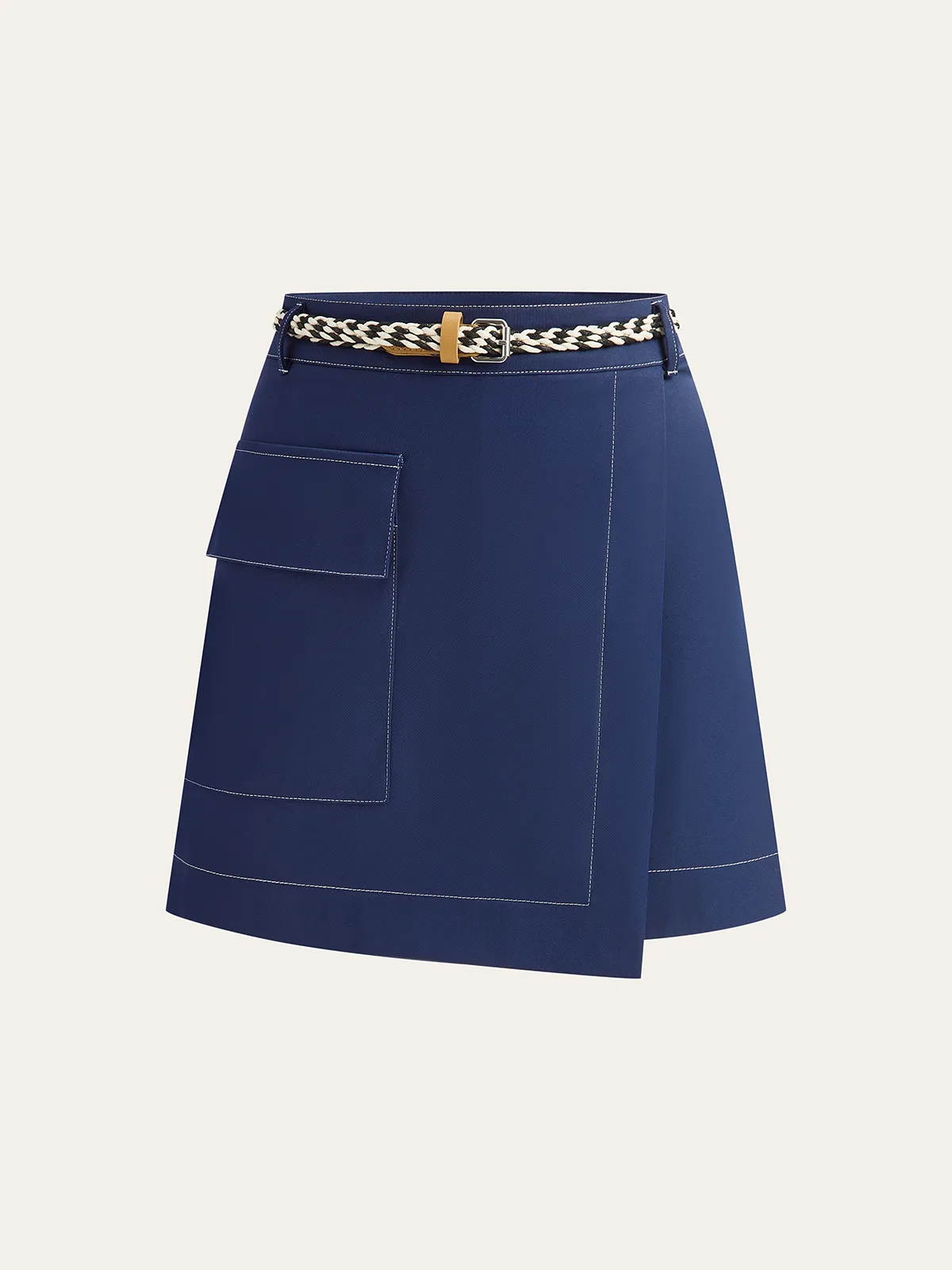 Contrast-Stitch Asymmetric Skort with Belt sold by COMMENSE