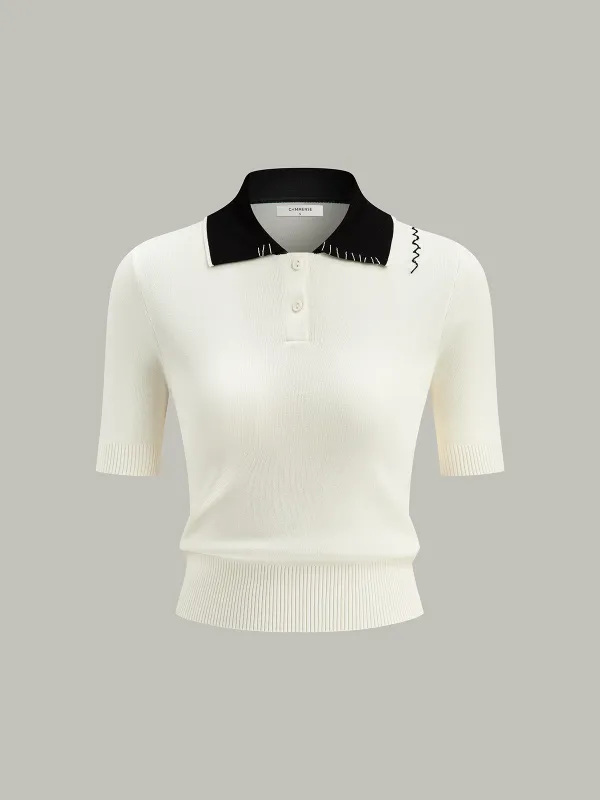 Contrast-Collar Polo Knit Top sold by COMMENSE