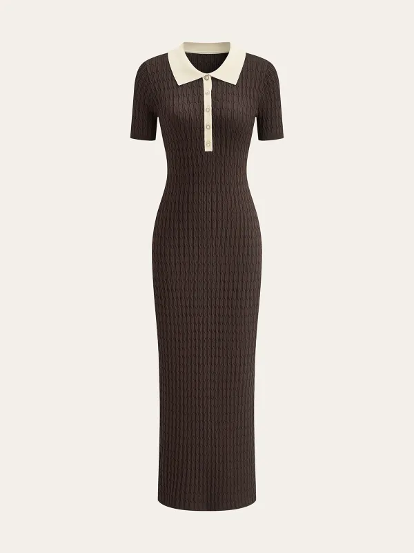 Contrast Collar Cable-Knit Midi Dress sold by COMMENSE