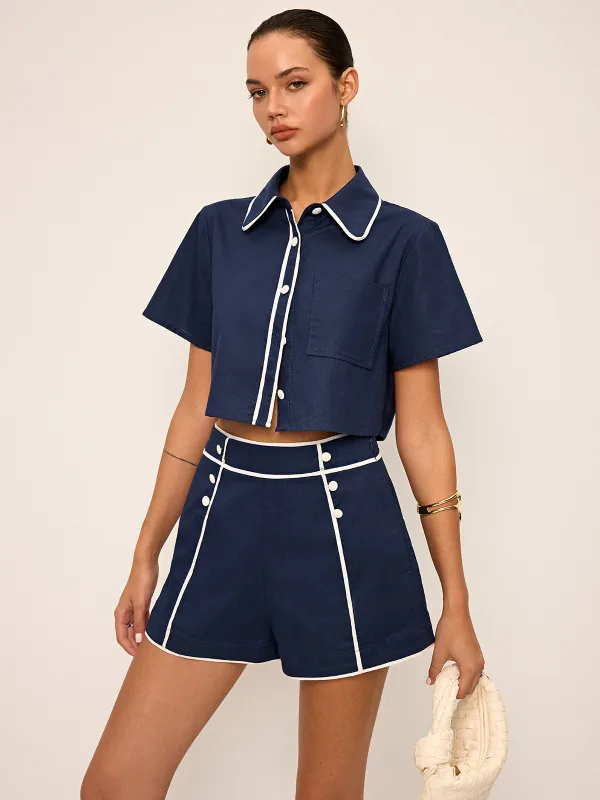 Contrast Piping Crop Shirt and Shorts Set sold by COMMENSE