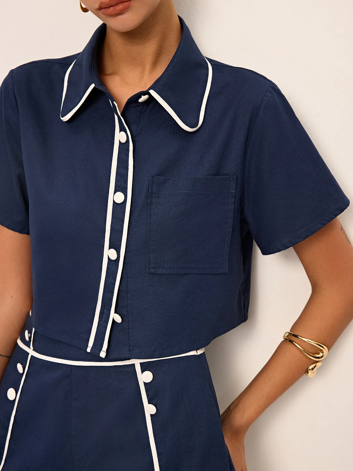 Contrast Piping Crop Shirt and Shorts Set sold by COMMENSE product image thumbnail 5