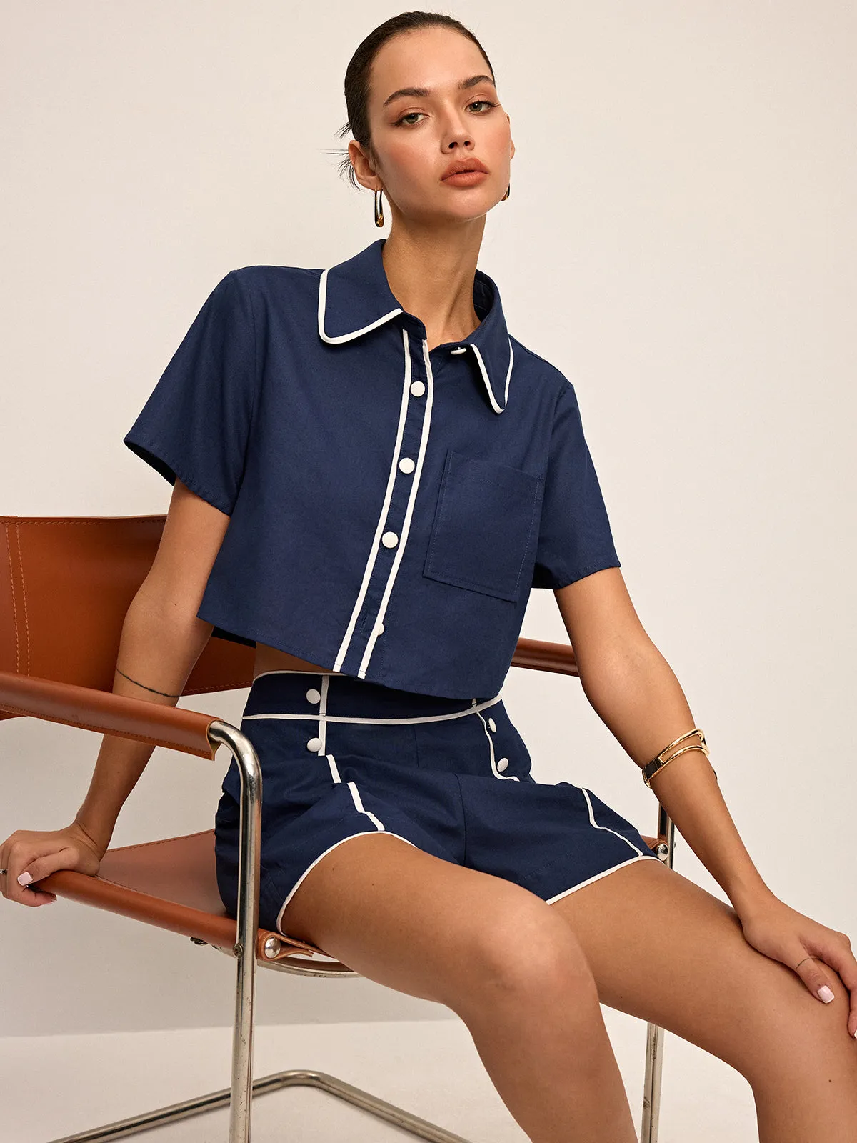 Contrast Piping Crop Shirt and Shorts Set sold by COMMENSE product image thumbnail 2