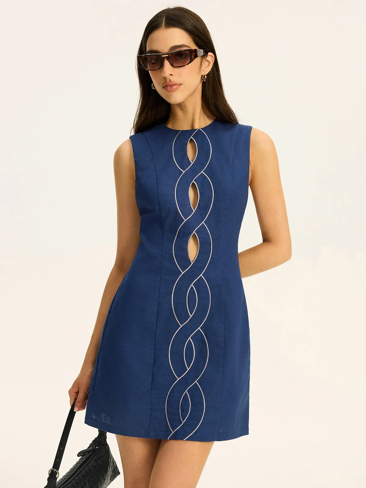 Linen & Cotton Cut-Out Contrast-Stitch Mini Dress sold by COMMENSE product image thumbnail 3