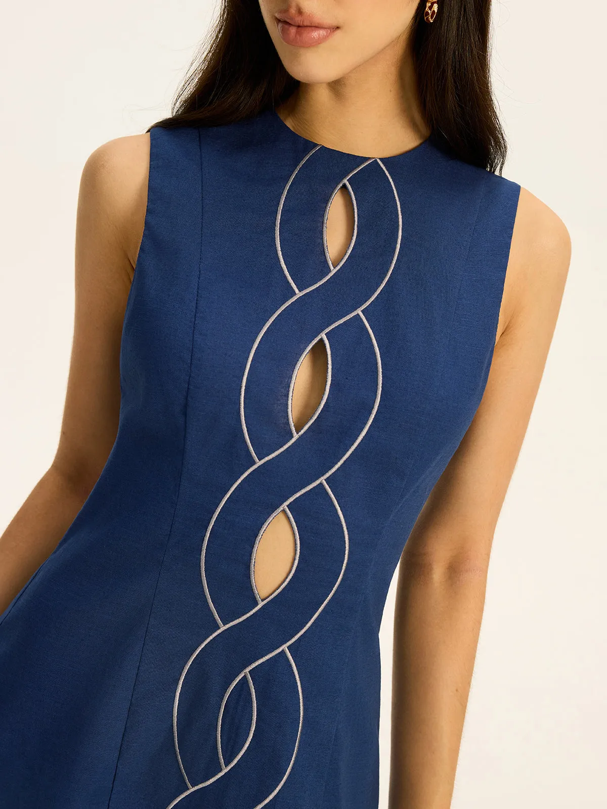 Linen & Cotton Cut-Out Contrast-Stitch Mini Dress sold by COMMENSE product image thumbnail 5