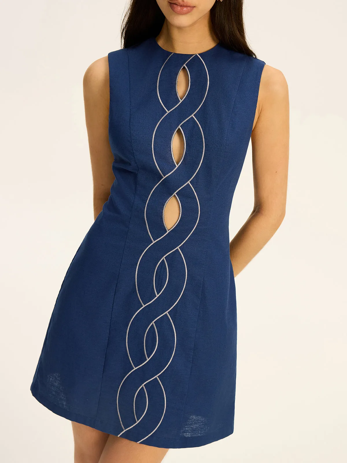 Linen & Cotton Cut-Out Contrast-Stitch Mini Dress sold by COMMENSE product image thumbnail 2