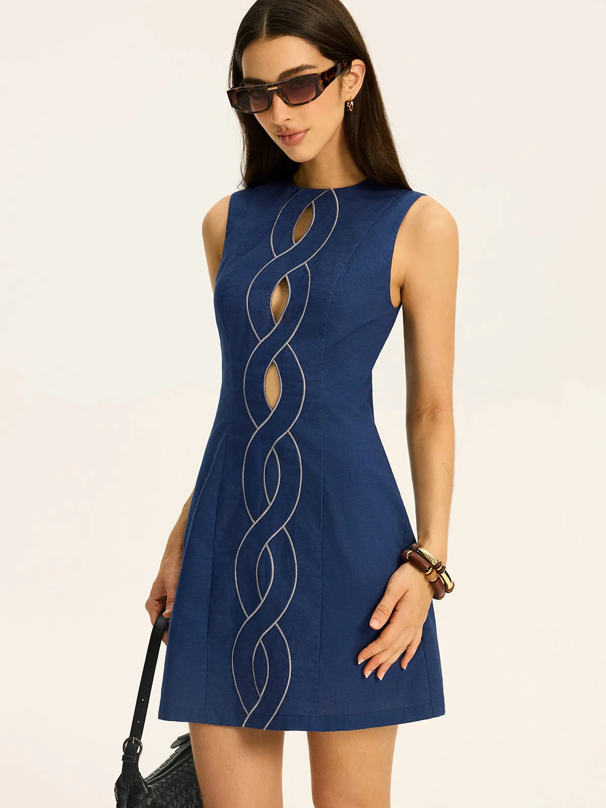 Linen & Cotton Cut-Out Contrast-Stitch Mini Dress sold by COMMENSE