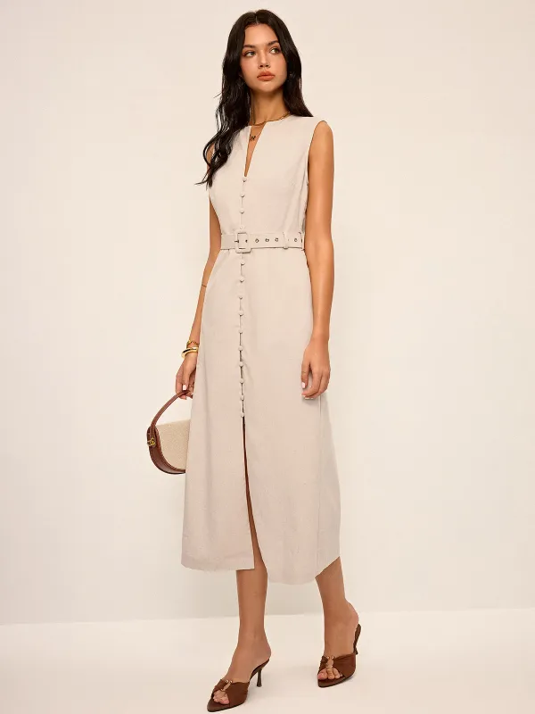 Cotton & Linen Blend V-Neck Belted Midi Dress sold by COMMENSE