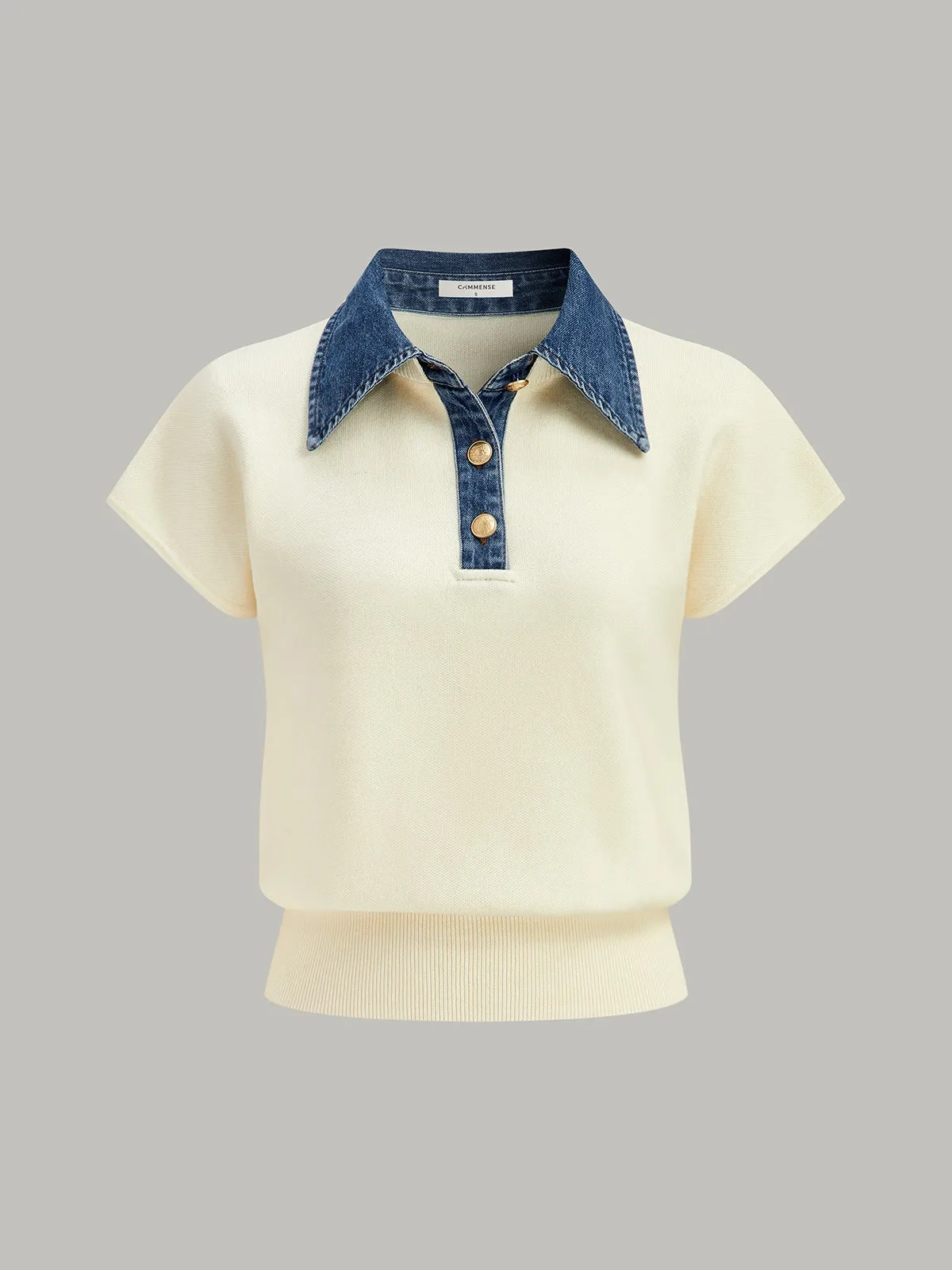Denim Collar Cinched Knit Top sold by COMMENSE
