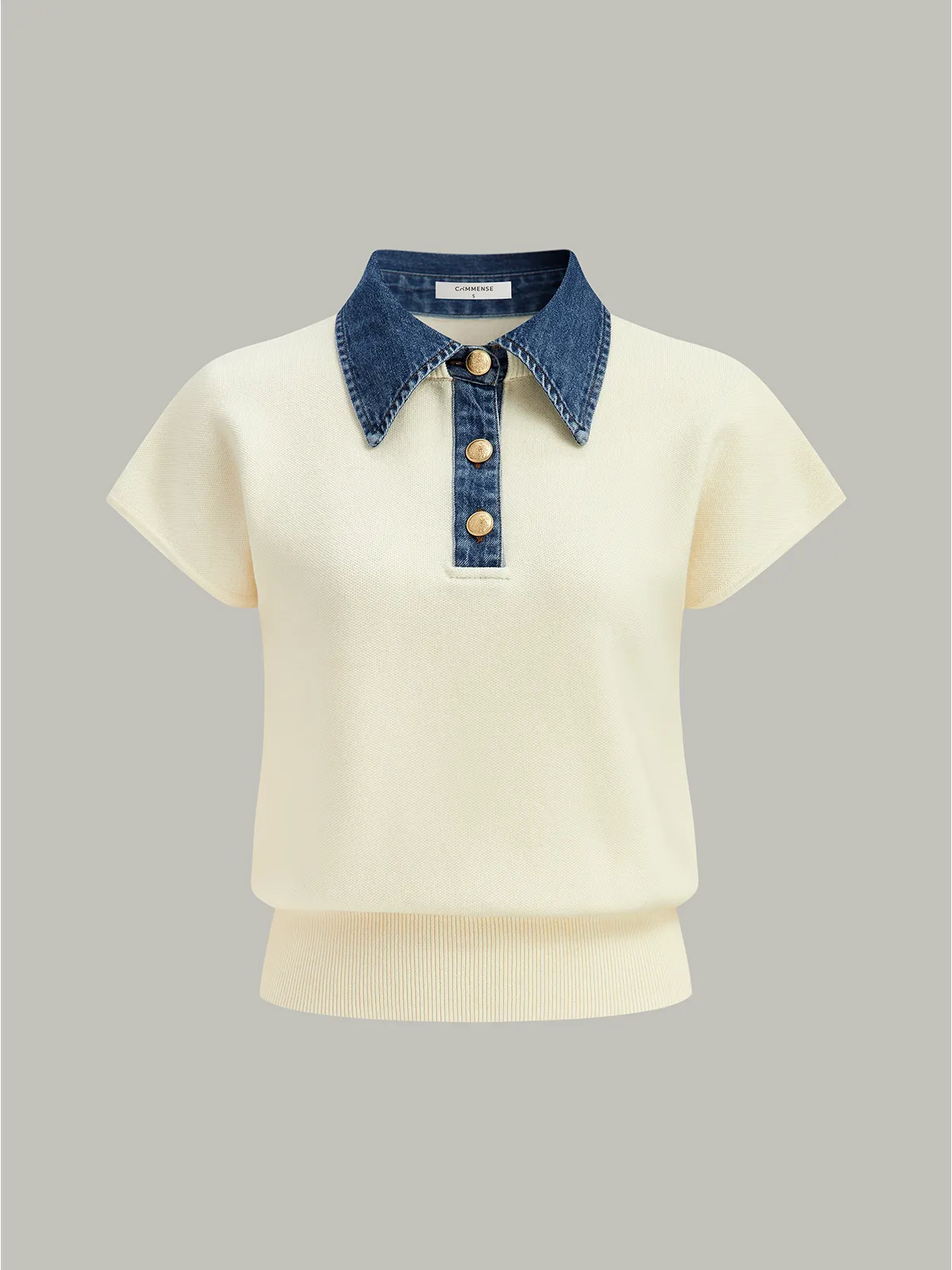 Denim Collar Cinched Knit Top sold by COMMENSE product image thumbnail 2